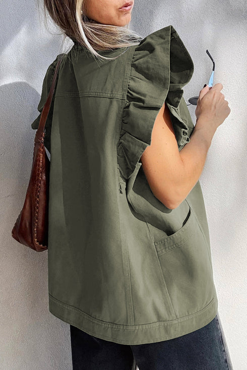Ruffle Shoulder Detail Button Front Sleeveless Utility Vest